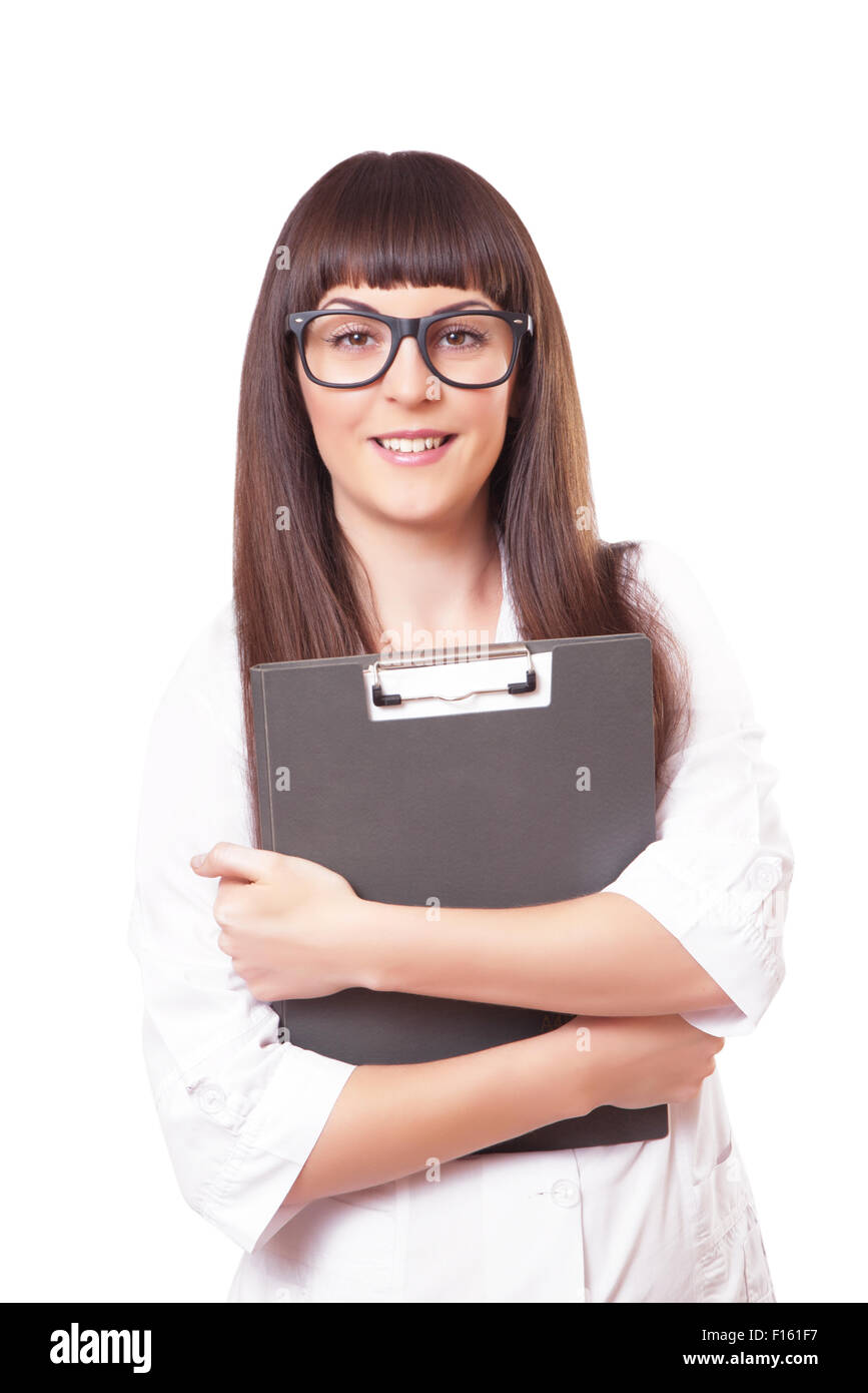 La donna in un bianco camice e occhiali di protezione Foto Stock