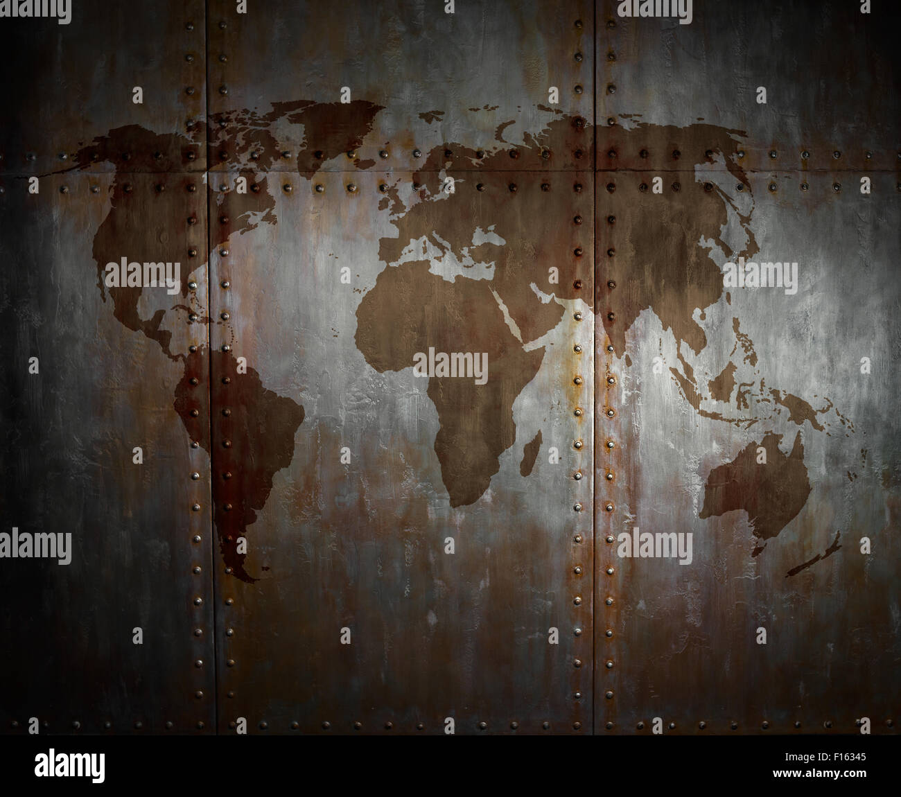 Threadbare arrugginito copertura in acciaio con rivetto, ferro sfondo con mappa del mondo Foto Stock