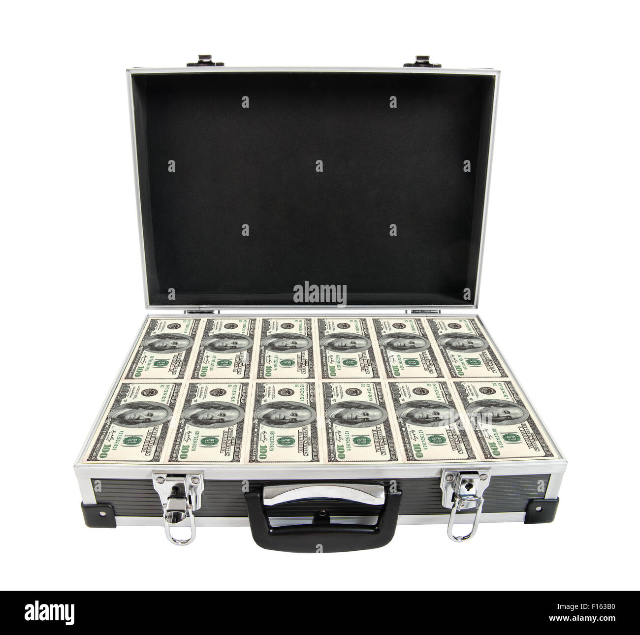 Armored case nero con denaro contante, su sfondo bianco; isolato Foto Stock