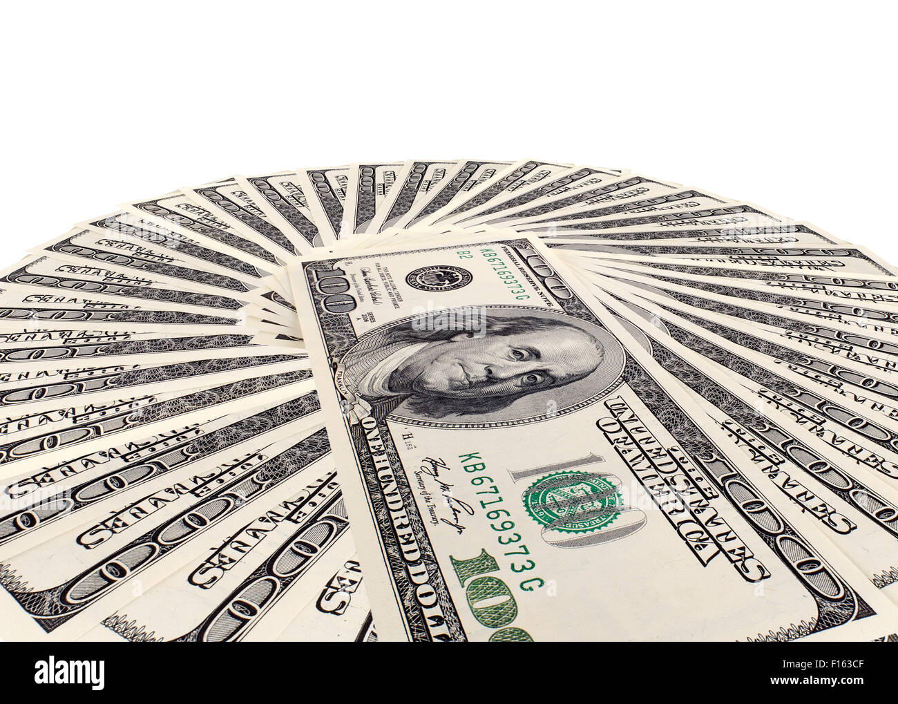 Cerchio di molto molti mass nota di valuta dollari, su sfondo bianco, isolato Foto Stock