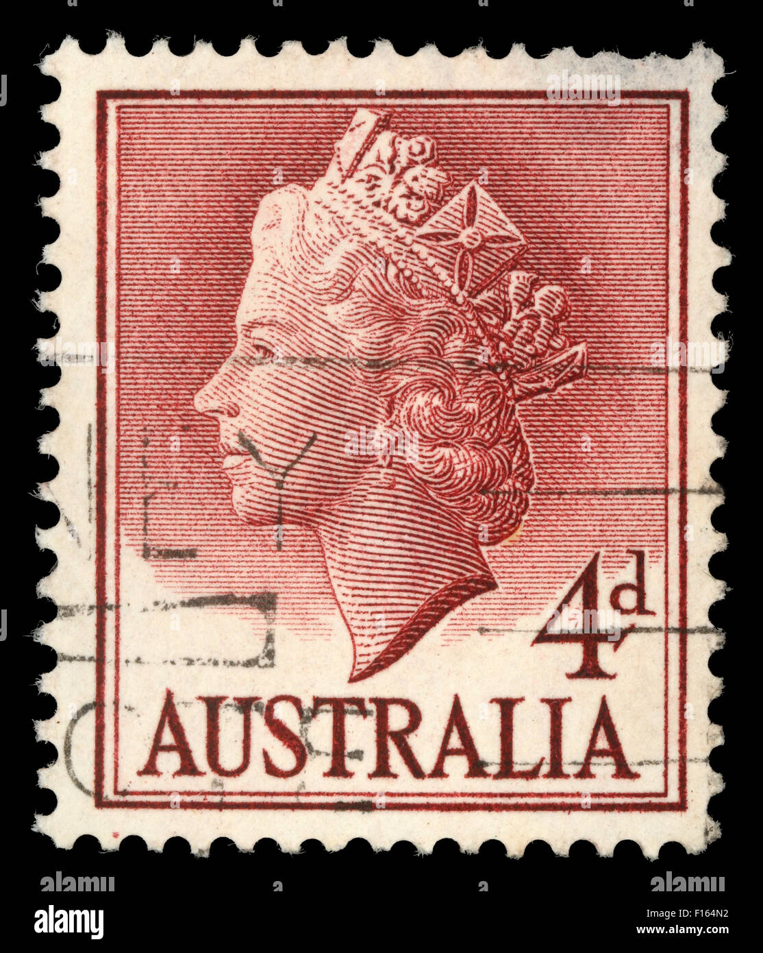 Timbro stampato in Australia mostra la regina Elisabetta II, circa 1955. Foto Stock