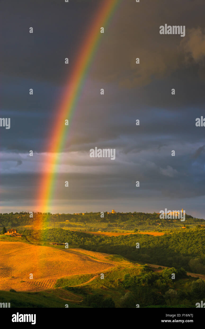 Rainbow con famosi cipressi nel cuore della Toscana vicino a Pienza, Italia Foto Stock