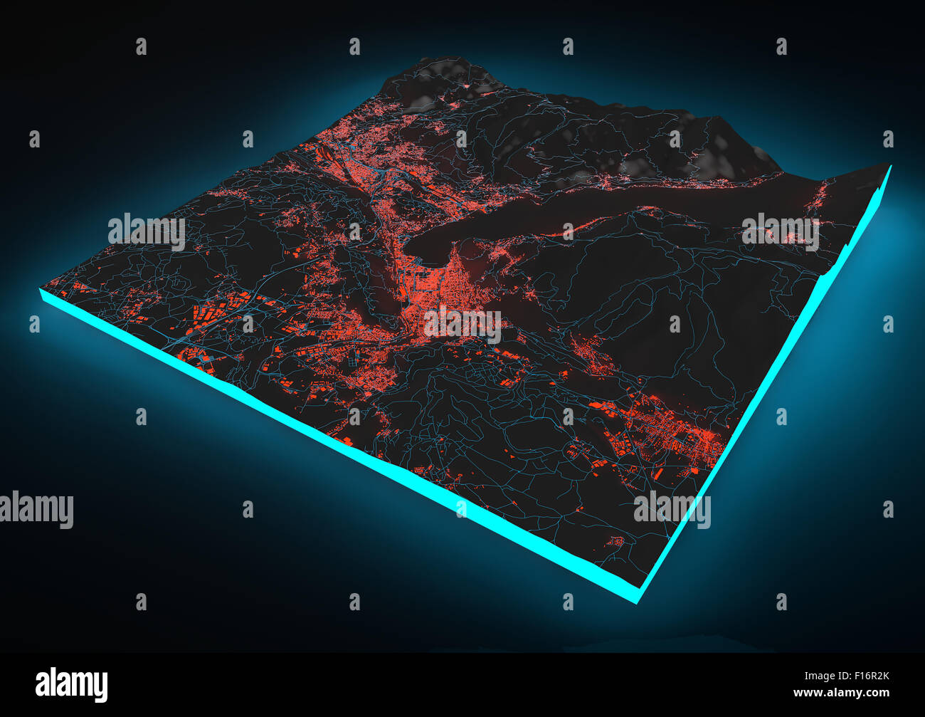 Vista satellitare di illuminato mappa di Como, Italia, su sfondo nero Foto Stock