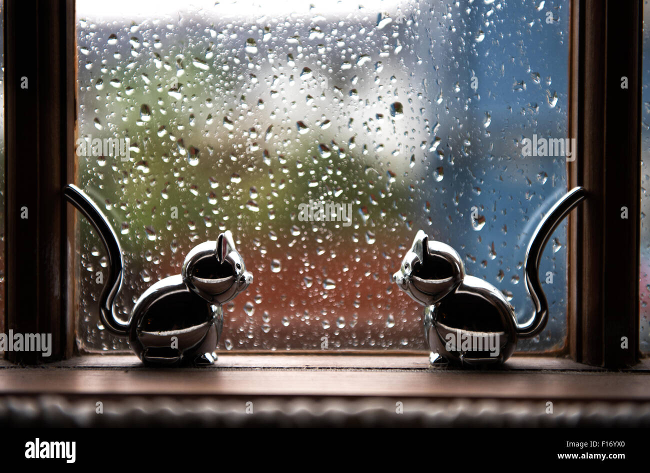 La pioggia attraverso la finestra in Thaxted Essex REGNO UNITO. Agosto 2015  Cat ornamenti nella finestra guardare la pioggia scendere Foto stock - Alamy