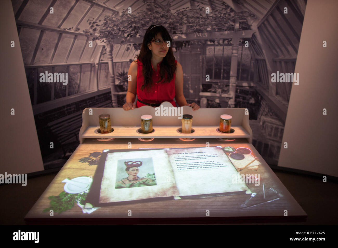 Città del Messico. 28 Agosto, 2015. Una donna viste a opera della mostra 'Diego Pop, Frida Pop' in Città del Messico, capitale del Messico, che il 28 agosto, 2015. La mostra, su artisti messicano Diego Rivera e Frida Kahlo sulla loro influenza nella cultura americana, durerà a settembre 7. © Pedro Mera/Xinhua/Alamy Live News Foto Stock