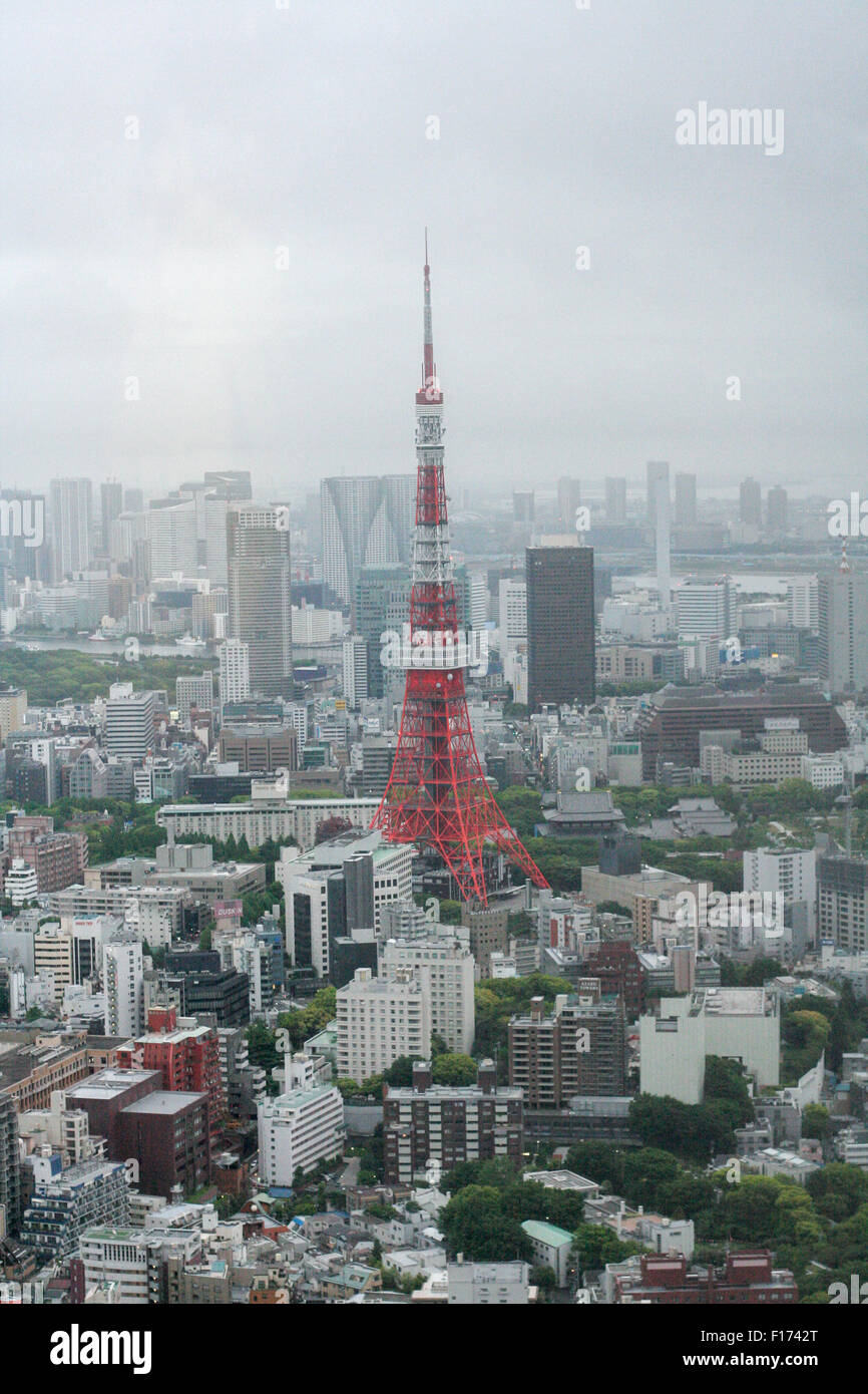 La torre di Tokyo di prima mattina cielo nebuloso dall'alto con proliferazione urbana che circonda Foto Stock
