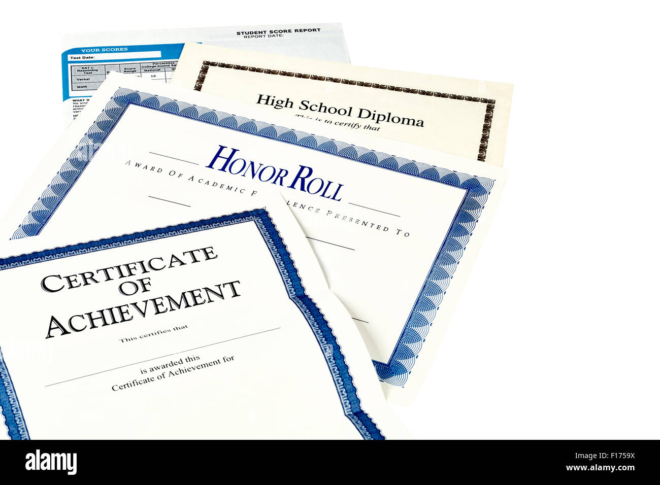 Istruzione documenti tra cui il SAT relazione, del diploma di scuola media superiore, onore rotolo il riconoscimento, commencemnent programma e certificato di Foto Stock