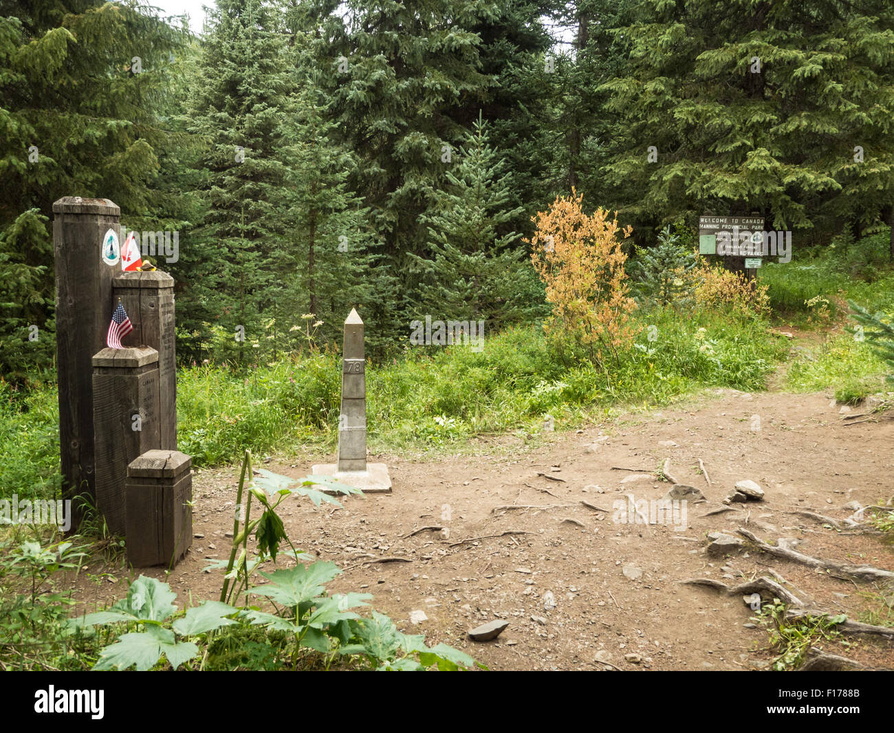 Monumento 78 e il Canada/ frontiera USA segna l'estremità settentrionale della Pacific Crest Trail Foto Stock