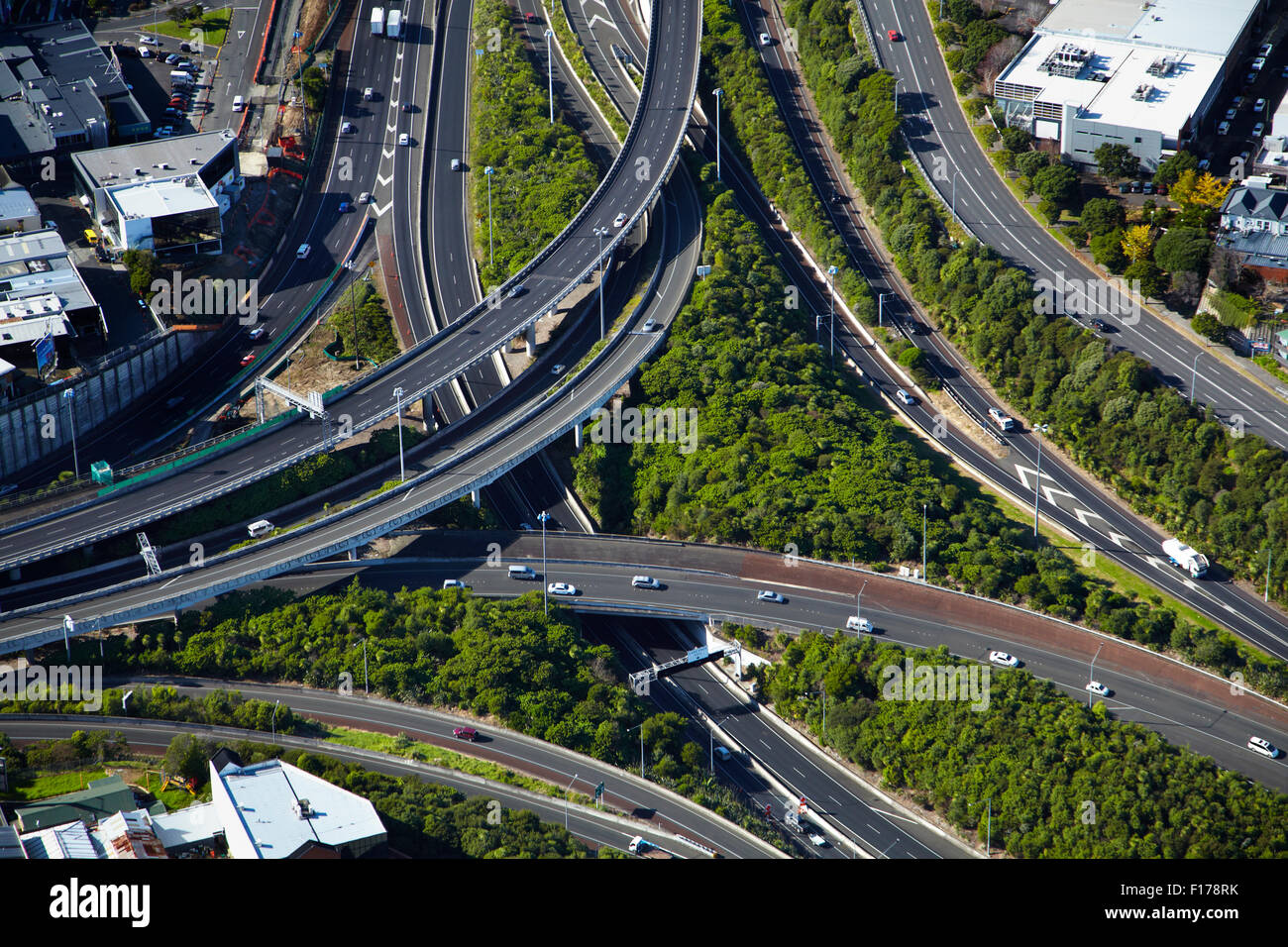 Spaghetti Junction (ufficialmente centrale di giunzione autostradale), Newton, Auckland, Isola del nord, Nuova Zelanda - aerial Foto Stock