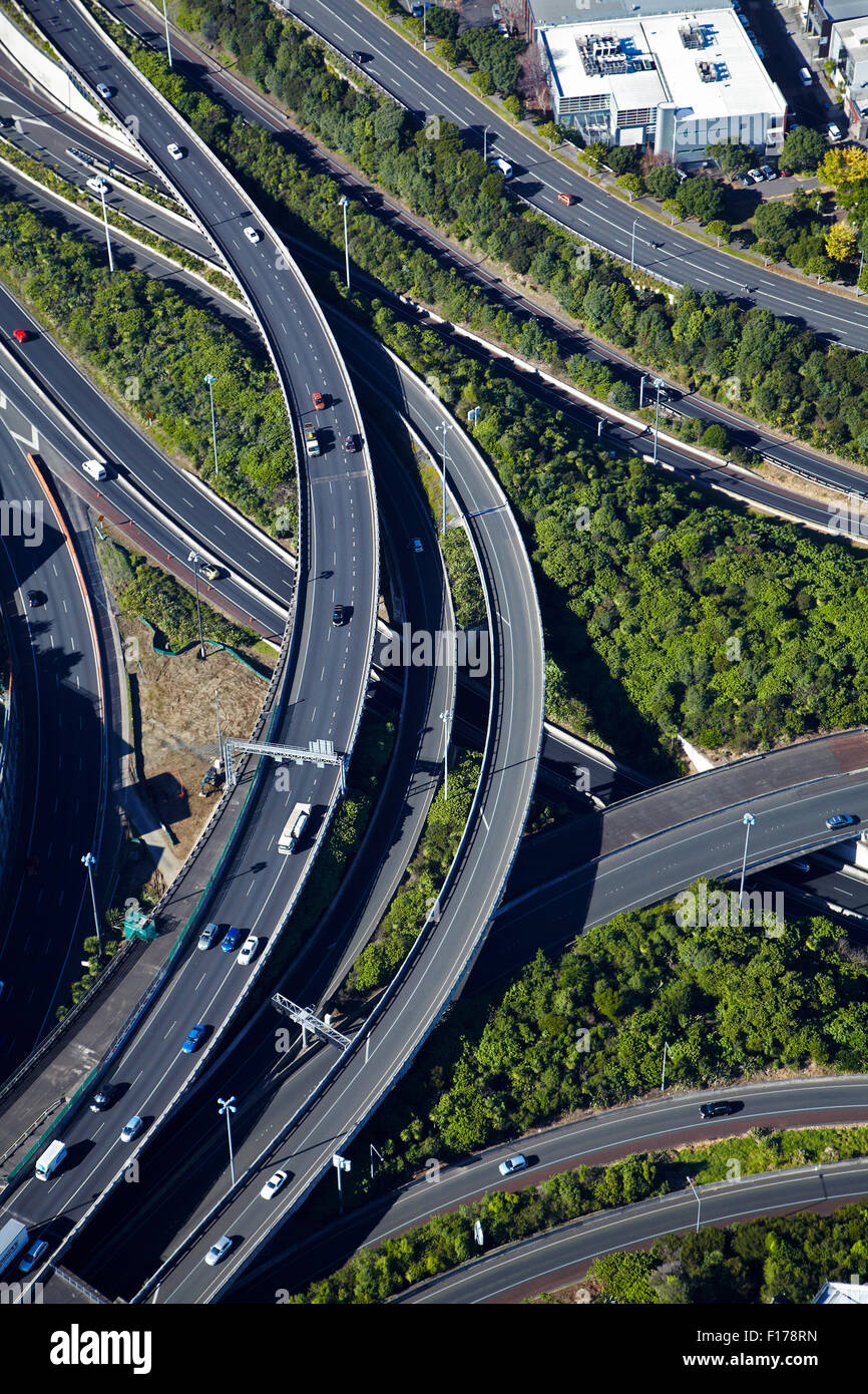 Spaghetti Junction (ufficialmente centrale di giunzione autostradale), Newton, Auckland, Isola del nord, Nuova Zelanda - aerial Foto Stock