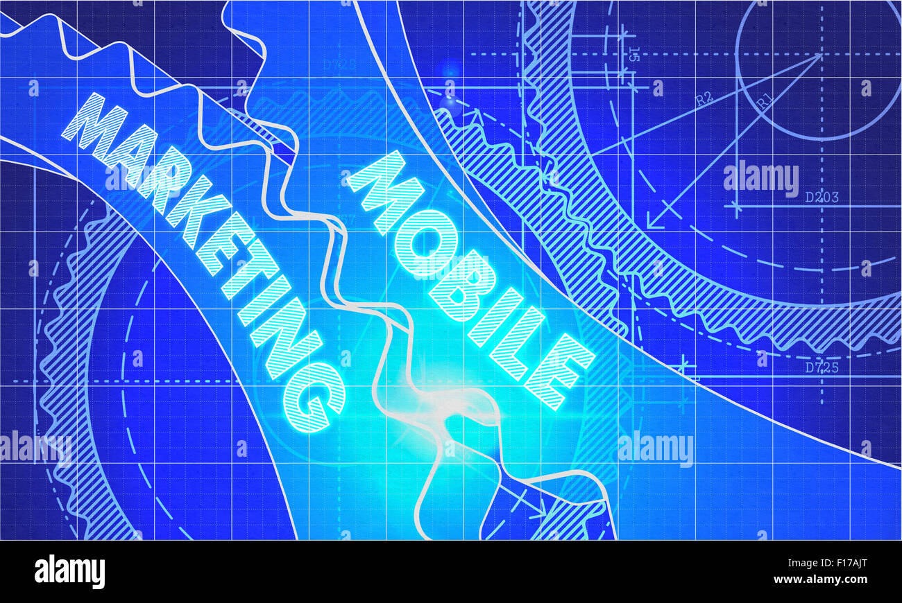 Mobile Marketing concetto. Blueprint sfondo con ingranaggi. Design industriale. 3d'illustrazione, Lens Flare. Foto Stock