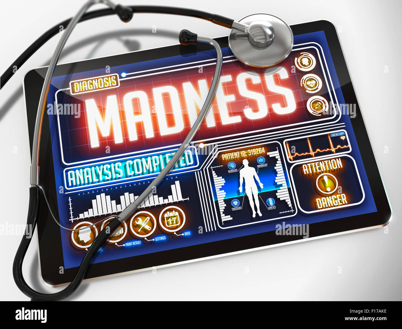 Madness - Diagnosi del display del Tablet medico e un stetoscopio nero su sfondo bianco. Foto Stock