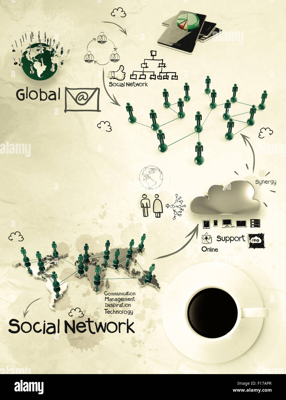 3d tazza di caffè sui social network diagramma come concetto Foto Stock