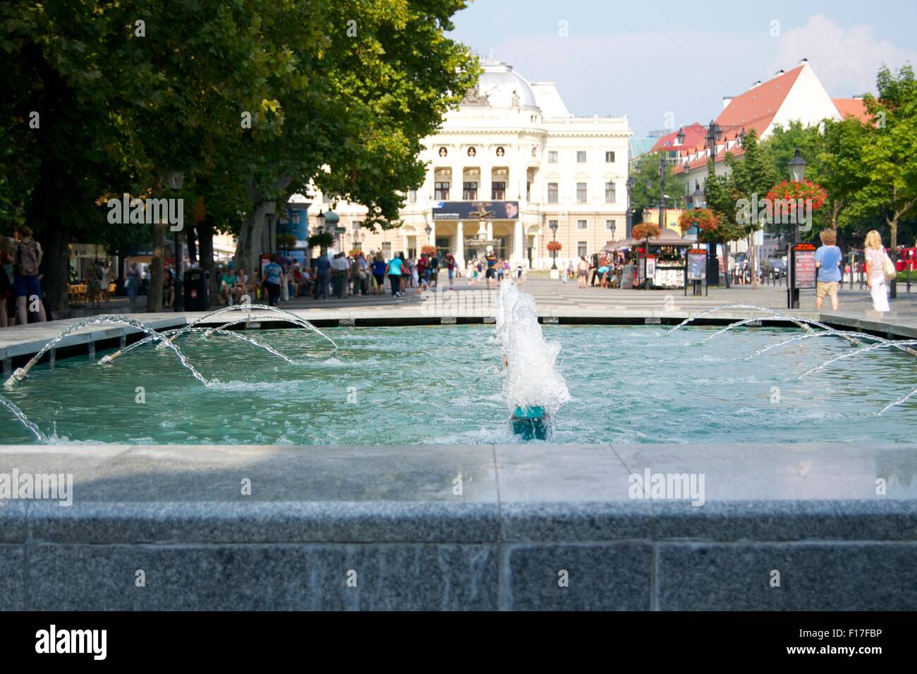 Piscina con acqua di fontane turisti Plaza Bratislava Foto Stock