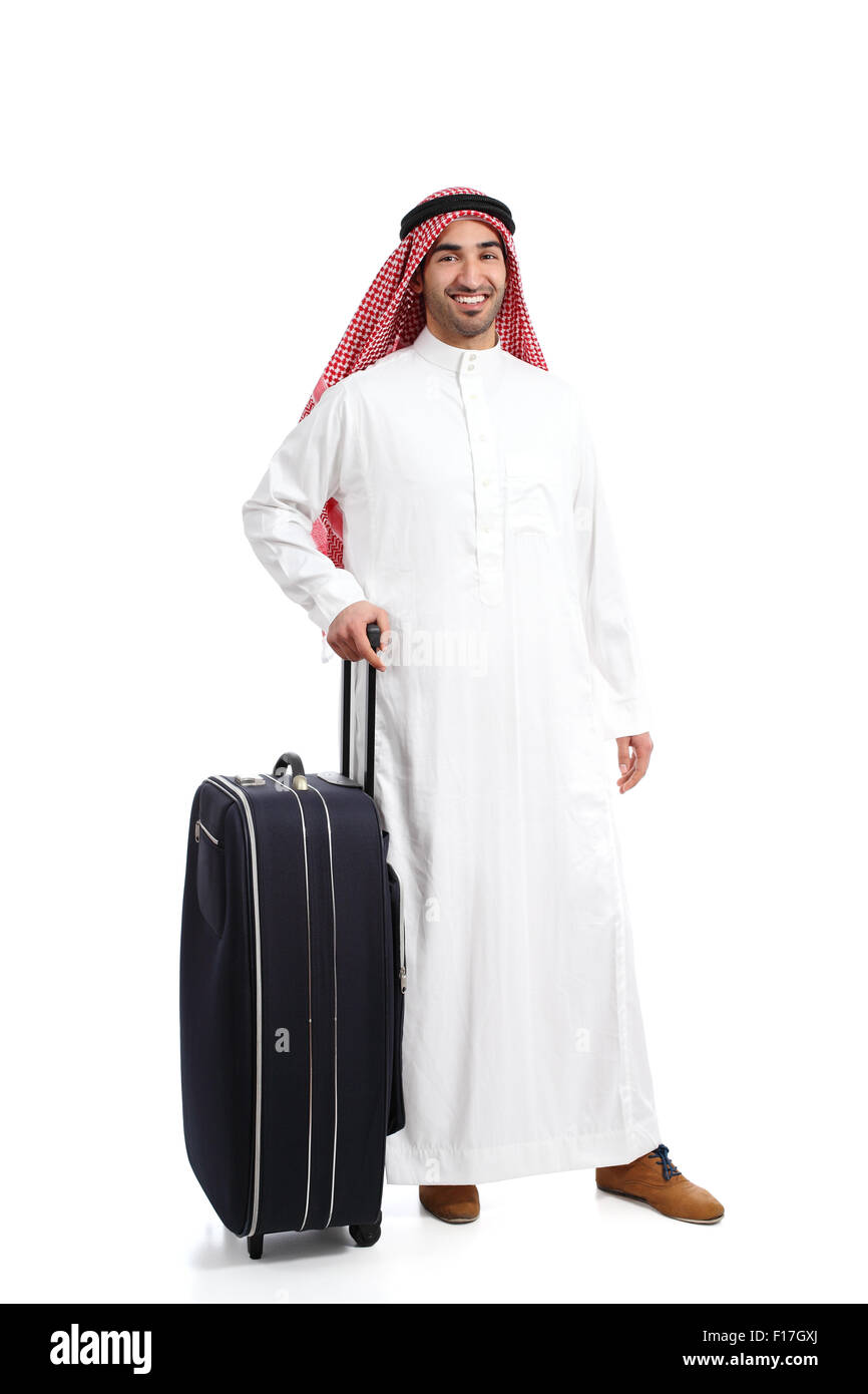 Viaggiatore arabo arabia uomo in attesa con una valigia isolata su uno sfondo bianco Foto Stock