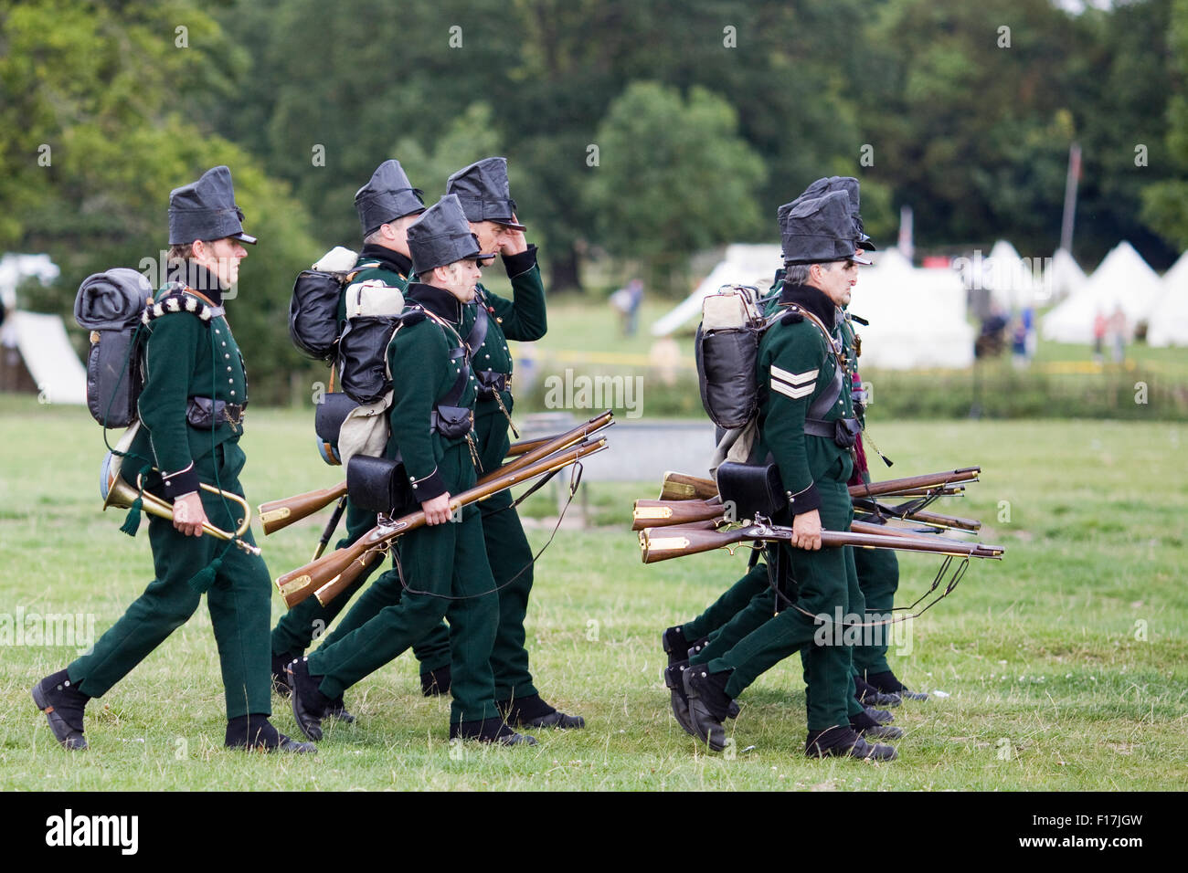 95Fucili a canna rigata durante la Battaglia di Waterloo rievocazione storica Foto Stock