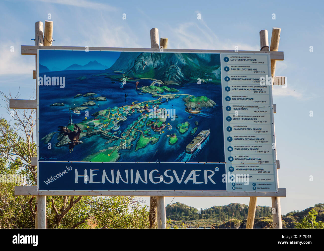 Città Henningsvaer segno e mappa, Lofoten, Norvegia Foto Stock