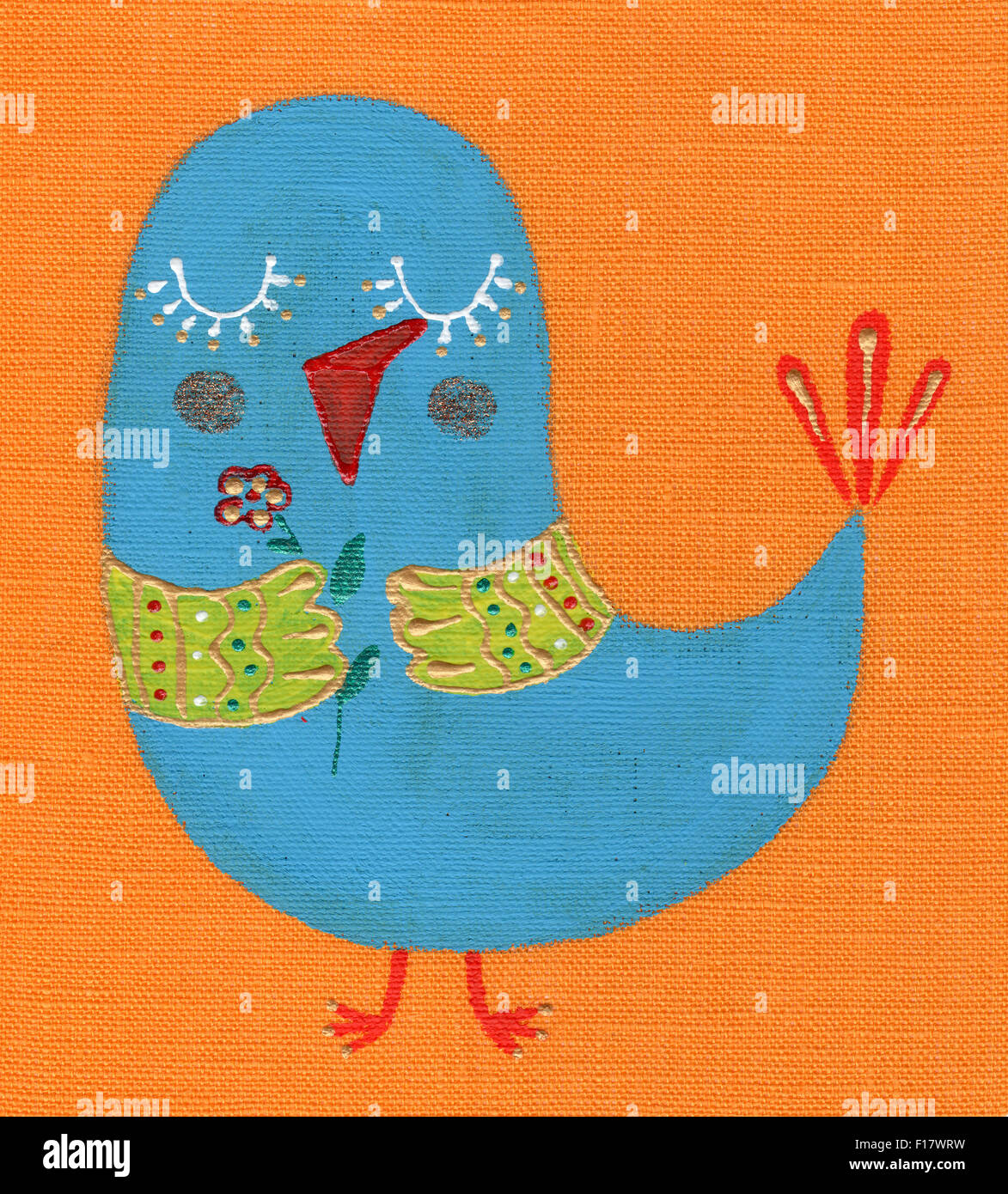 Bambino allegro vernice disegno su tessuto, uccello Foto Stock