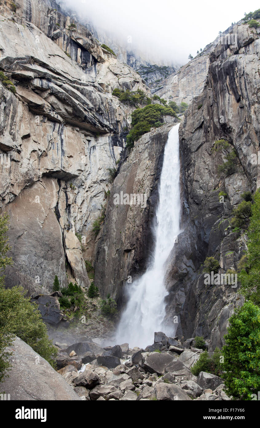 Abbassare Yosemite Falls, Yosemite National Park, California, Stati Uniti d'America Foto Stock