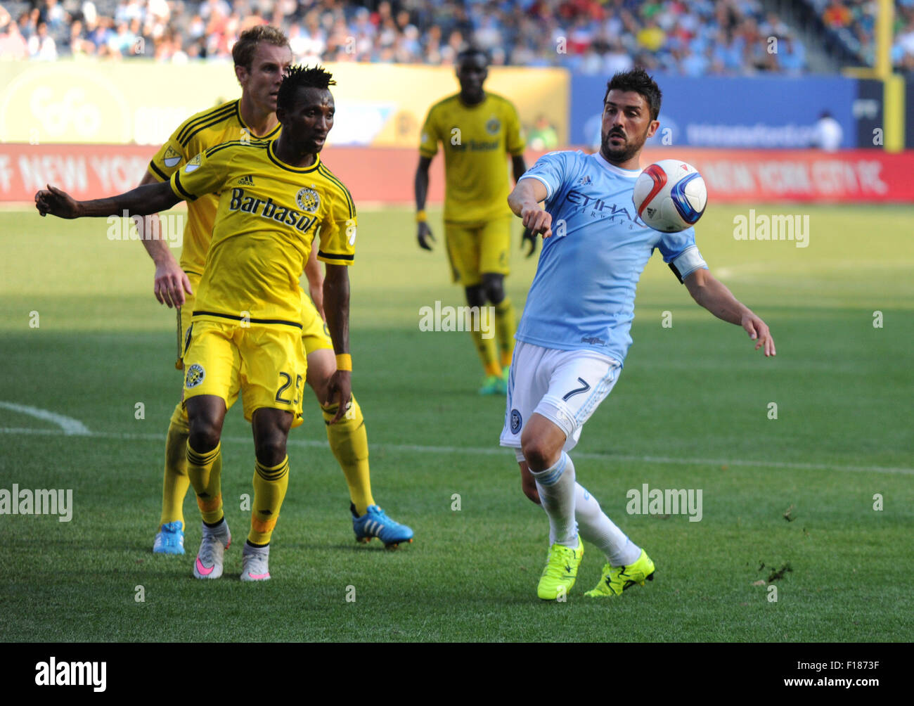 New York, Stati Uniti d'America. Il 29 agosto, 2015. David Villa (7) in azione durante una partita contro il Columbus Crew SC, allo Yankee Stadium di New York, New York. Credito: Cal Sport Media/Alamy Live News Foto Stock