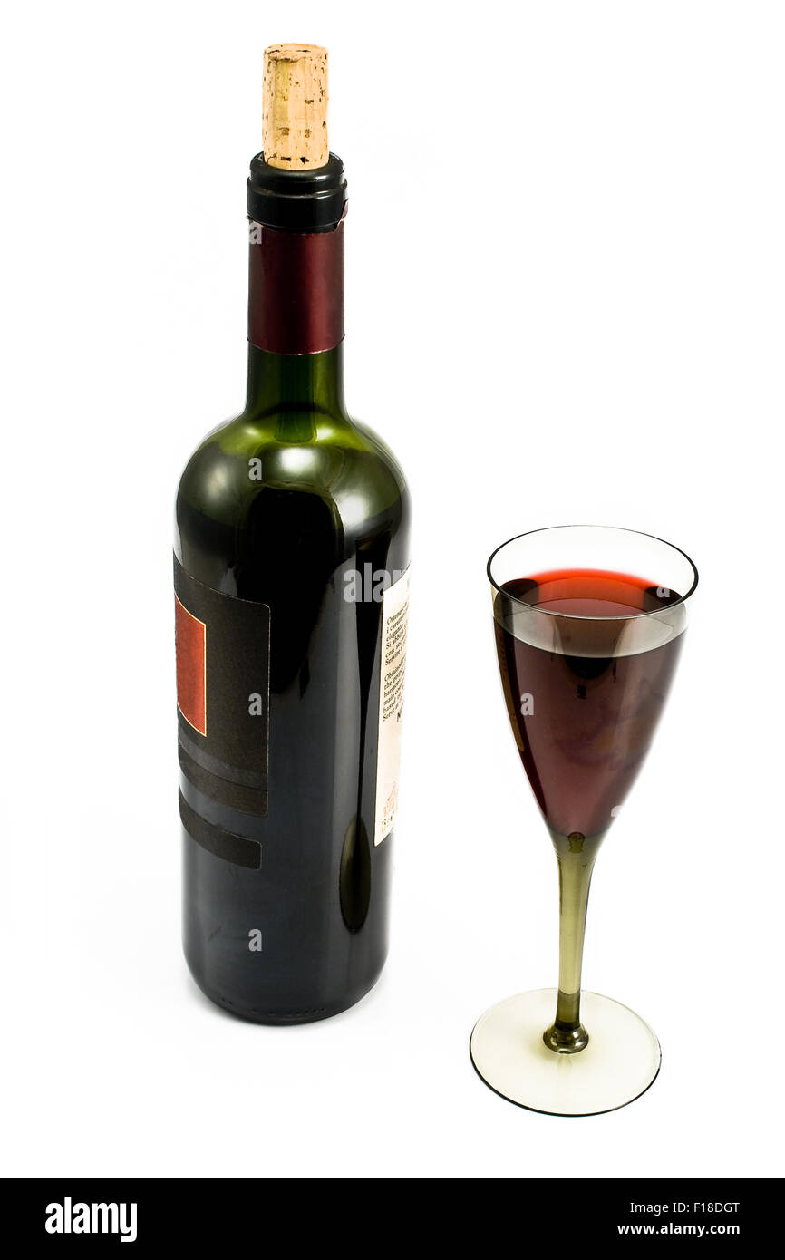 Vetro e bottiglia di vino rosso Foto Stock