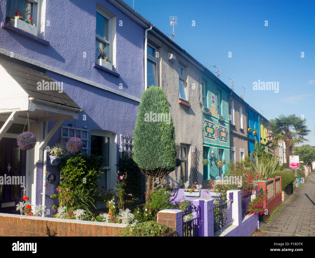 Verniciato colorato terrazza case a schiera cottages Roath Cardiff Wales UK Foto Stock