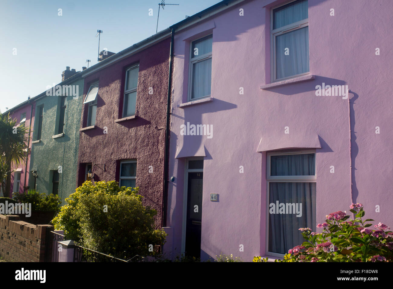 Terrazza di colorfully dipinto luminosamente case cottages Roath Cardiff Wales UK Foto Stock