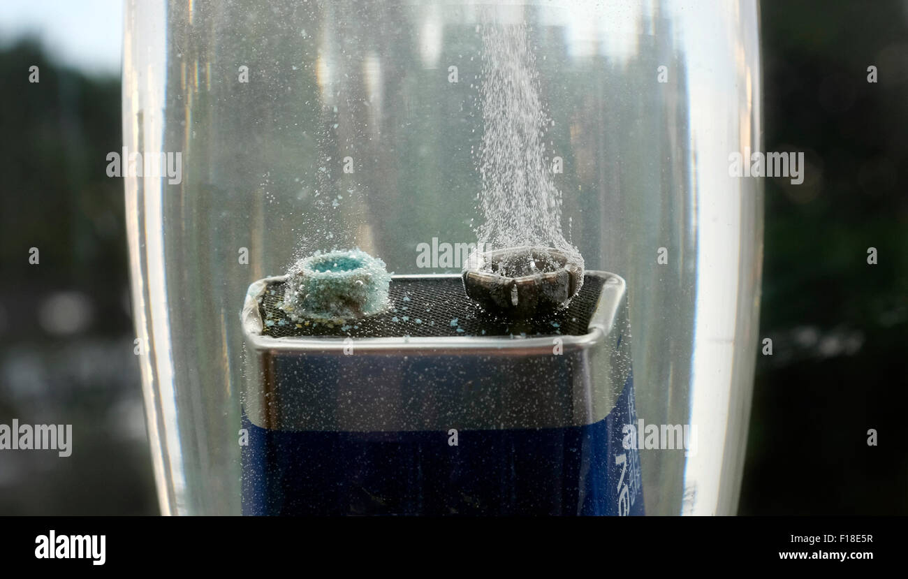 Una batteria da 9 V è immerso in un bicchiere di acqua di lavaggio con soda. Il gas idrogeno viene formata in corrispondenza del polo negativo. Foto Stock