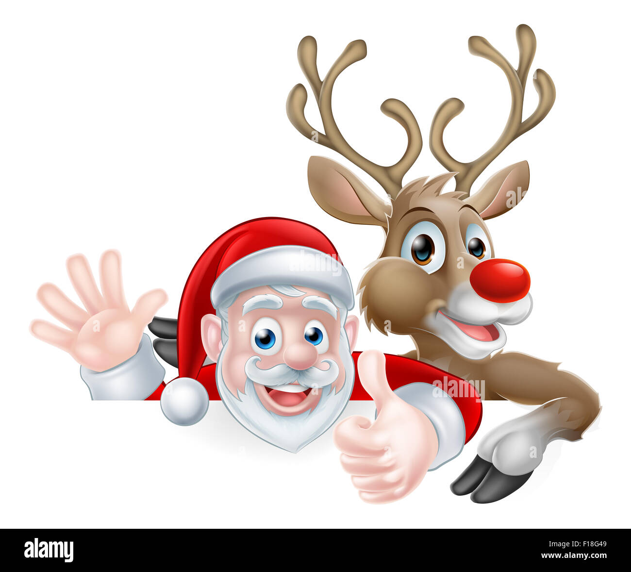 Illustrazione di natale di Felice Cartoon carino Santa e renne peeking sopra segno gesticolando e dando un pollice in alto Foto Stock