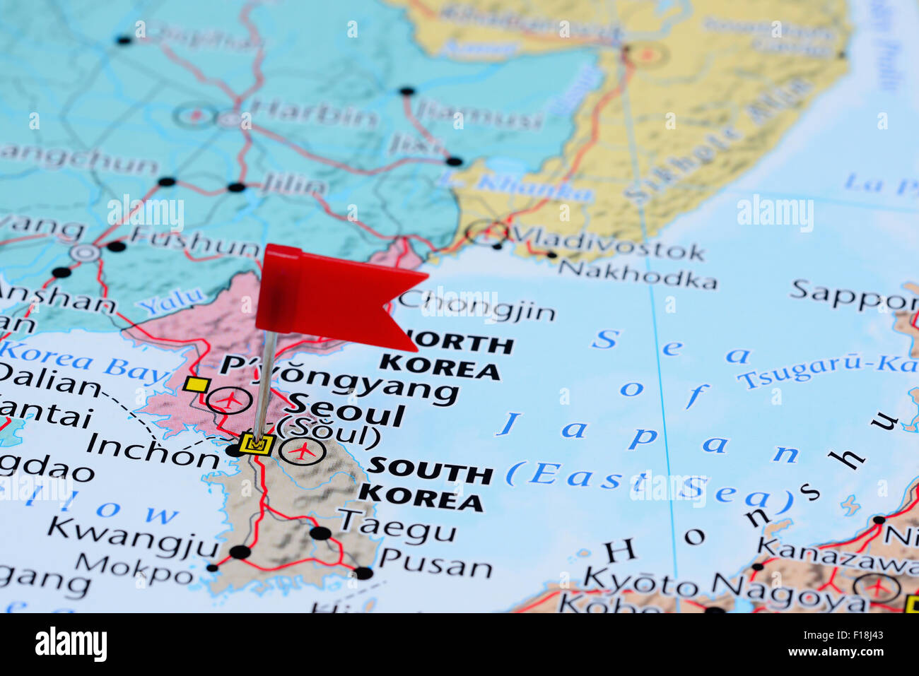 Seul imperniata su una mappa di Asia Foto Stock