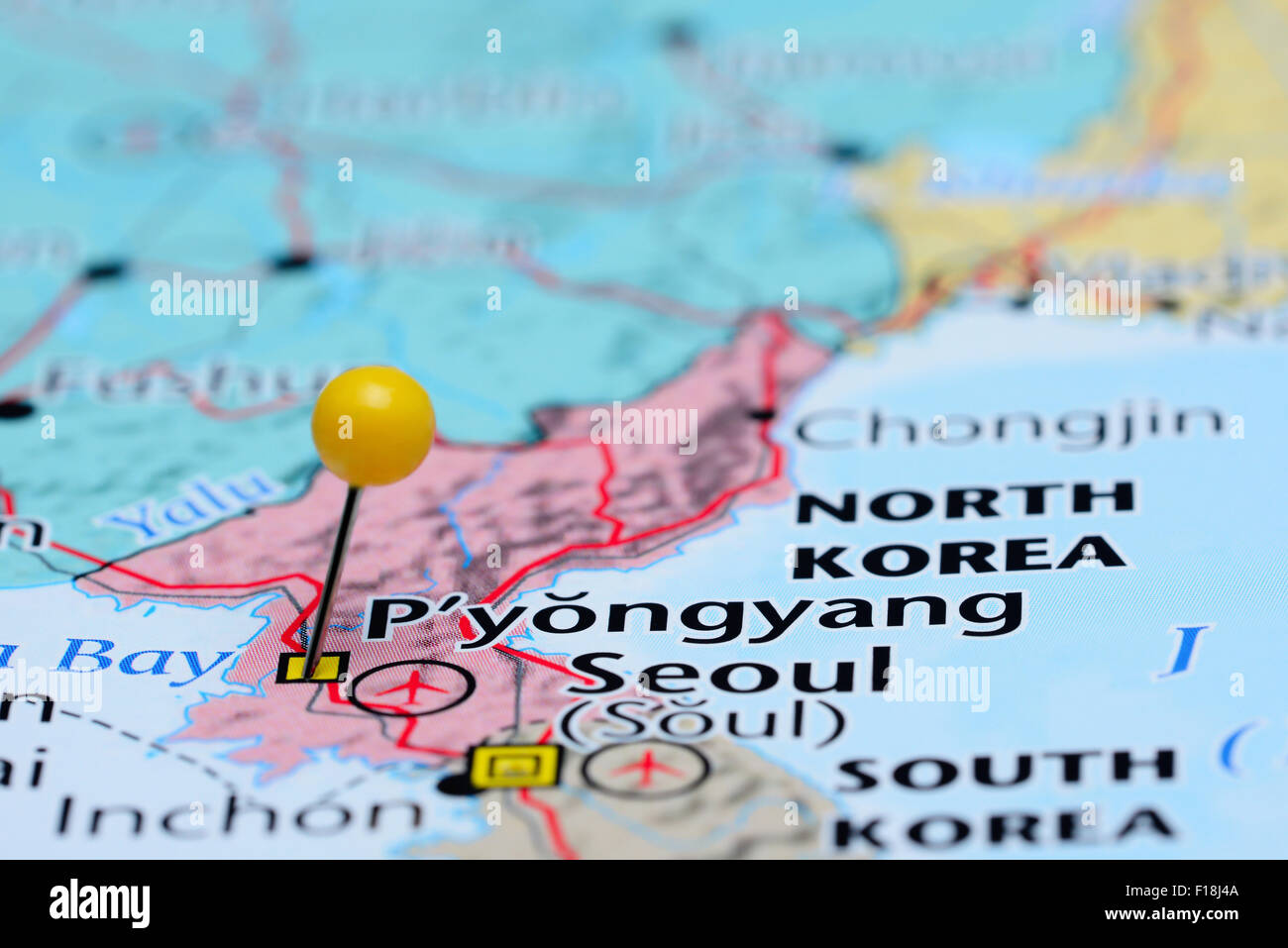 Pyongyang imperniata su una mappa di Asia Foto Stock