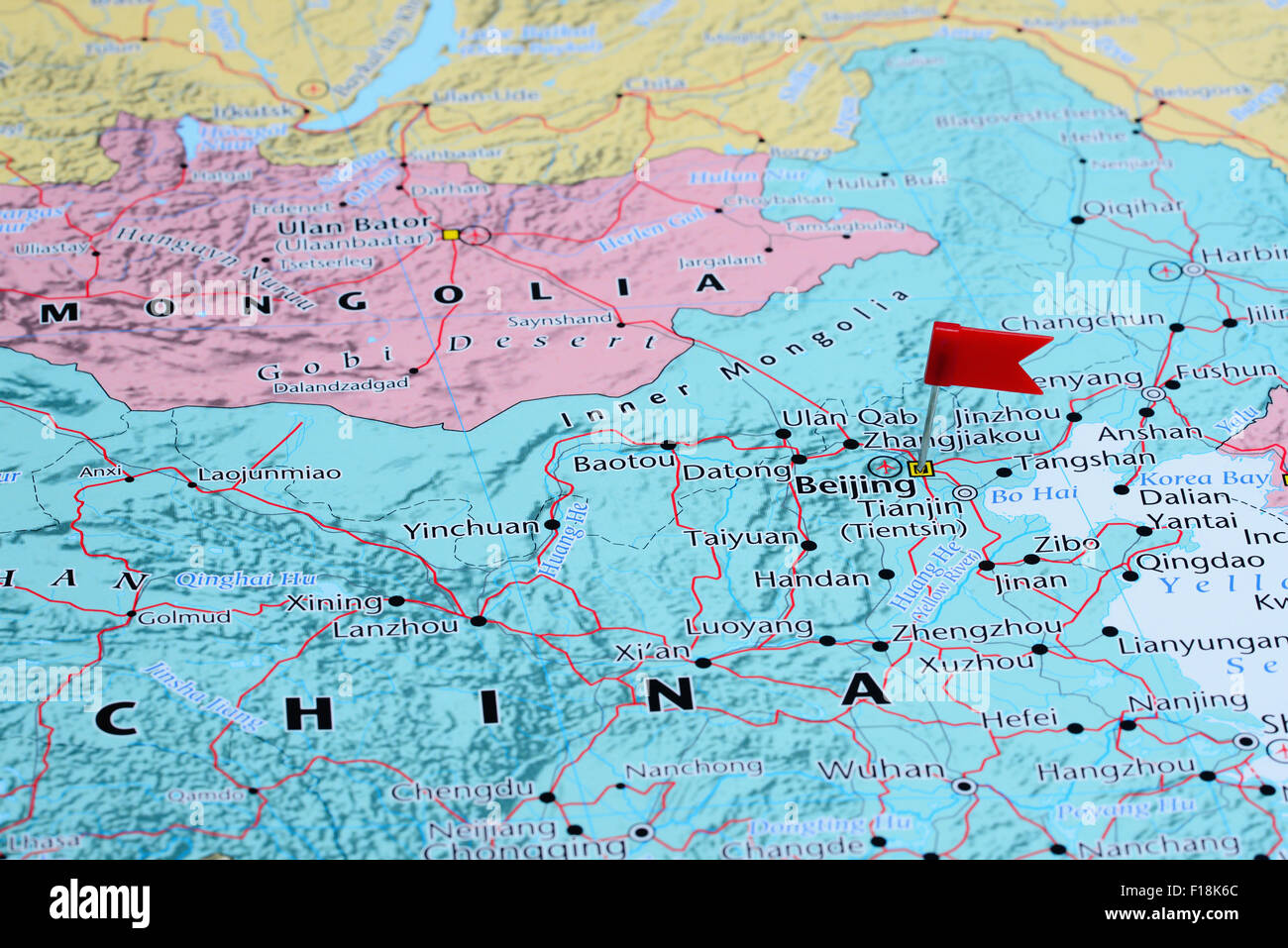 Pechino imperniata su una mappa di Asia Foto Stock