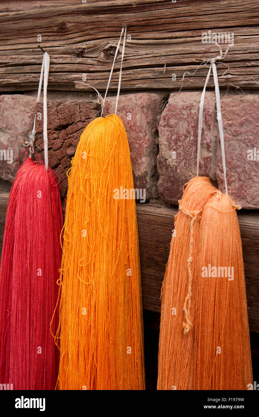 India, Jammu e Kashmir Srinagar, Città Vecchia, artigianato, tinti in colori caldi fili di ricamo appeso sul recinto a secco Foto Stock