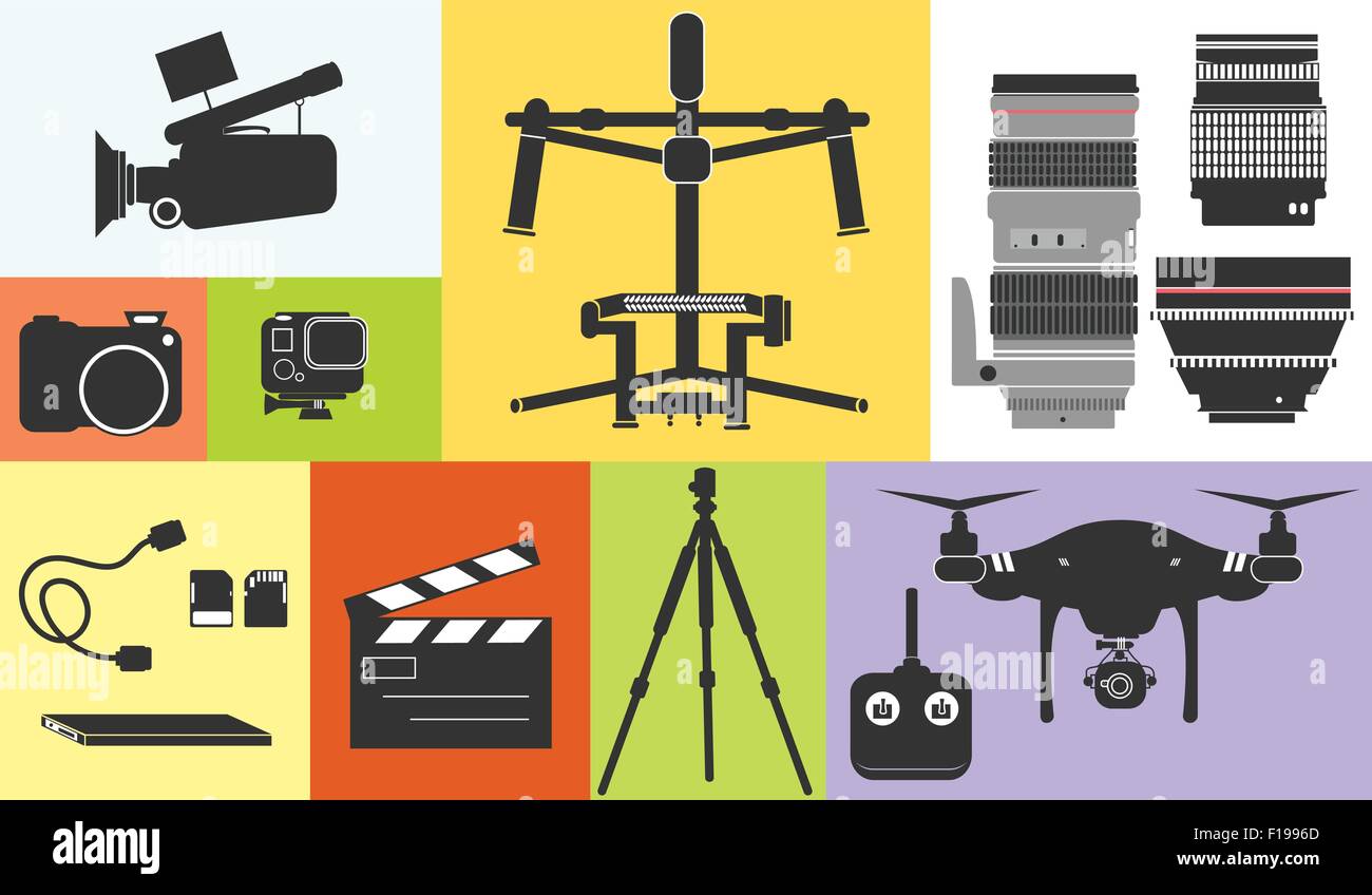 Icona di Silhouette Cinema Foto riprese di attrezzatura professionale Tecnologia Drone illustrazione vettoriale Illustrazione Vettoriale