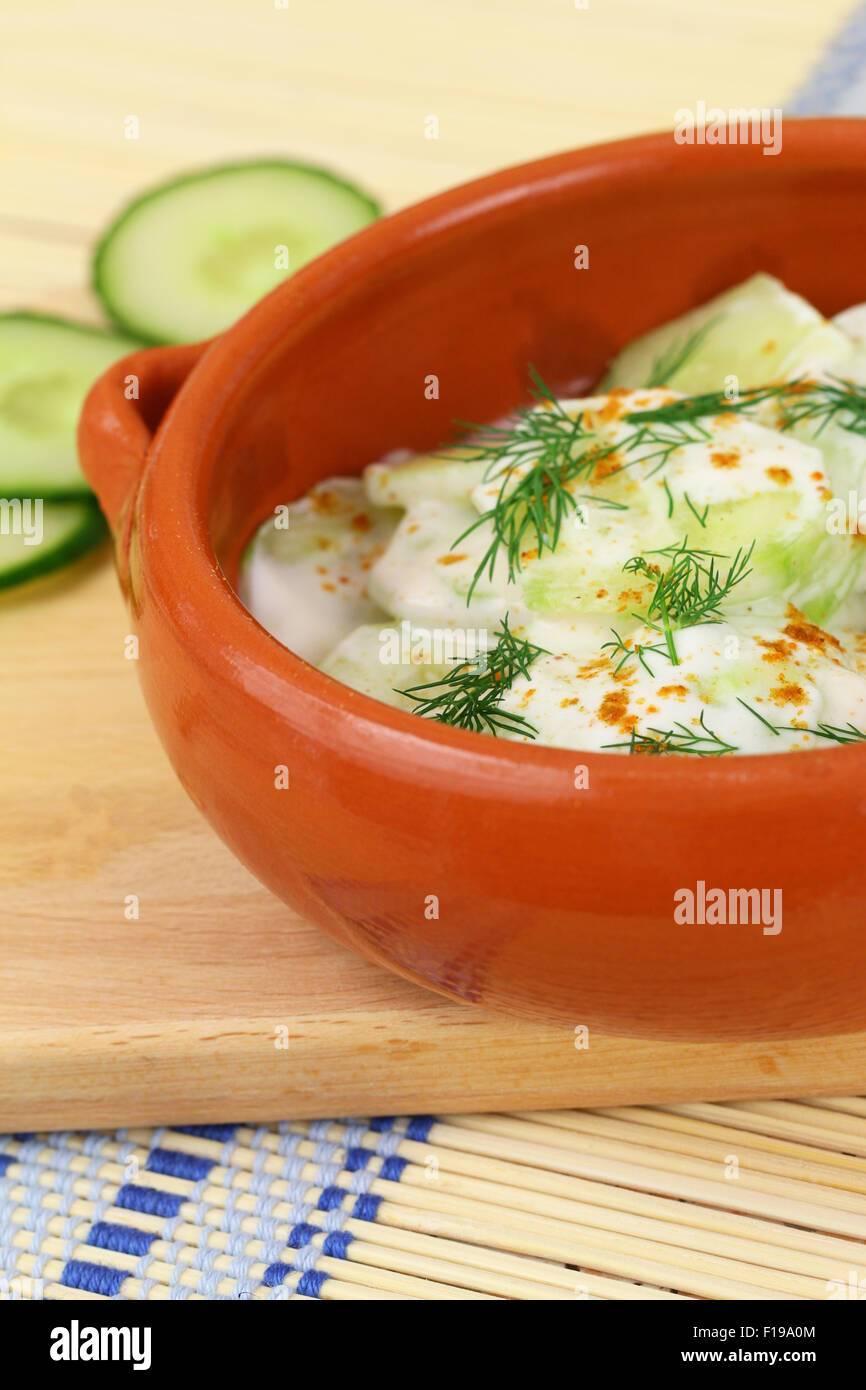 Insalata di cetrioli con panna acida e aneto fresco nel recipiente di argilla Foto Stock