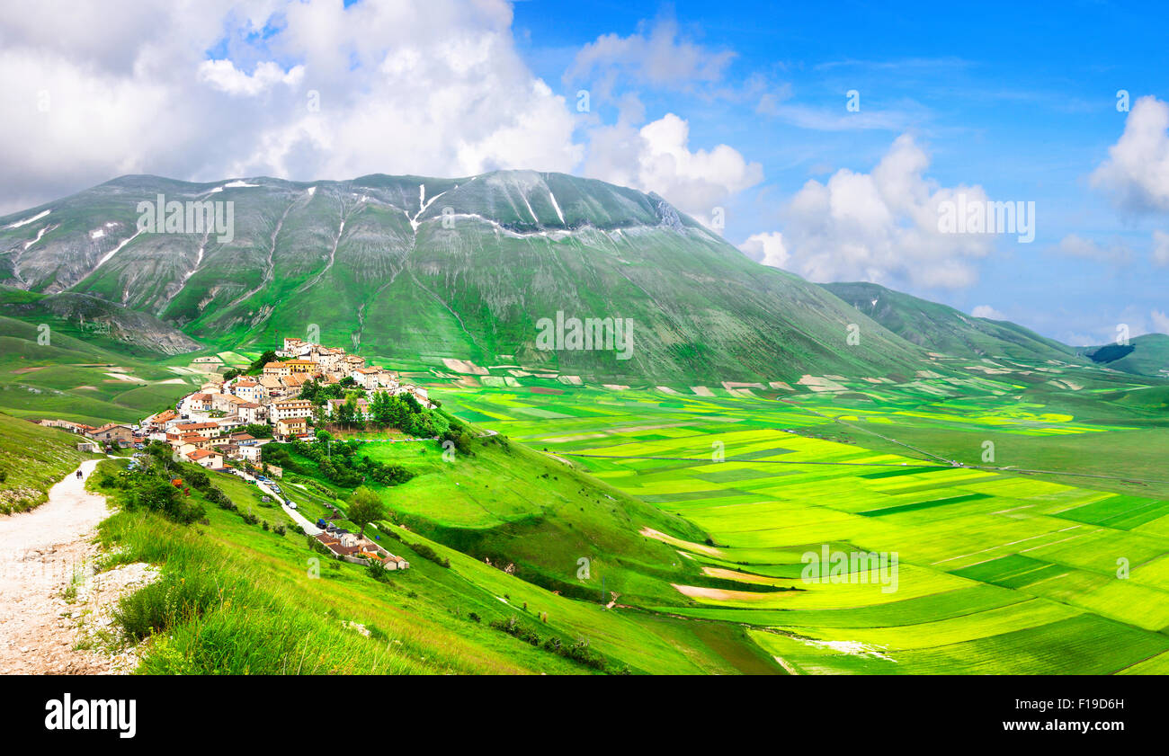I campi in fiore di montagne Sibilini e hill top village Castelluccio di Norcia Foto Stock