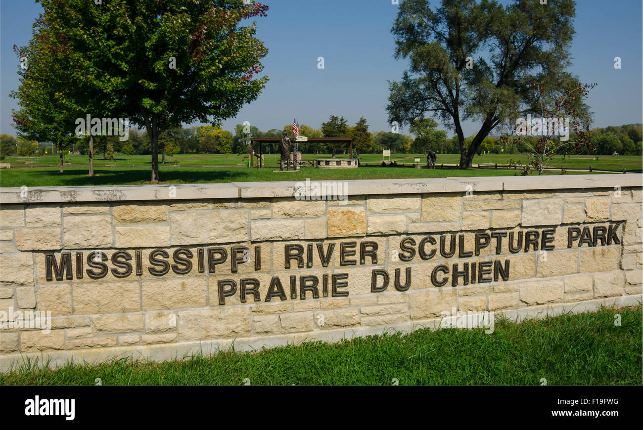 Segno per il fiume Mississsippi Sculpture Park in Prairie du Chien, Wisconsin Foto Stock