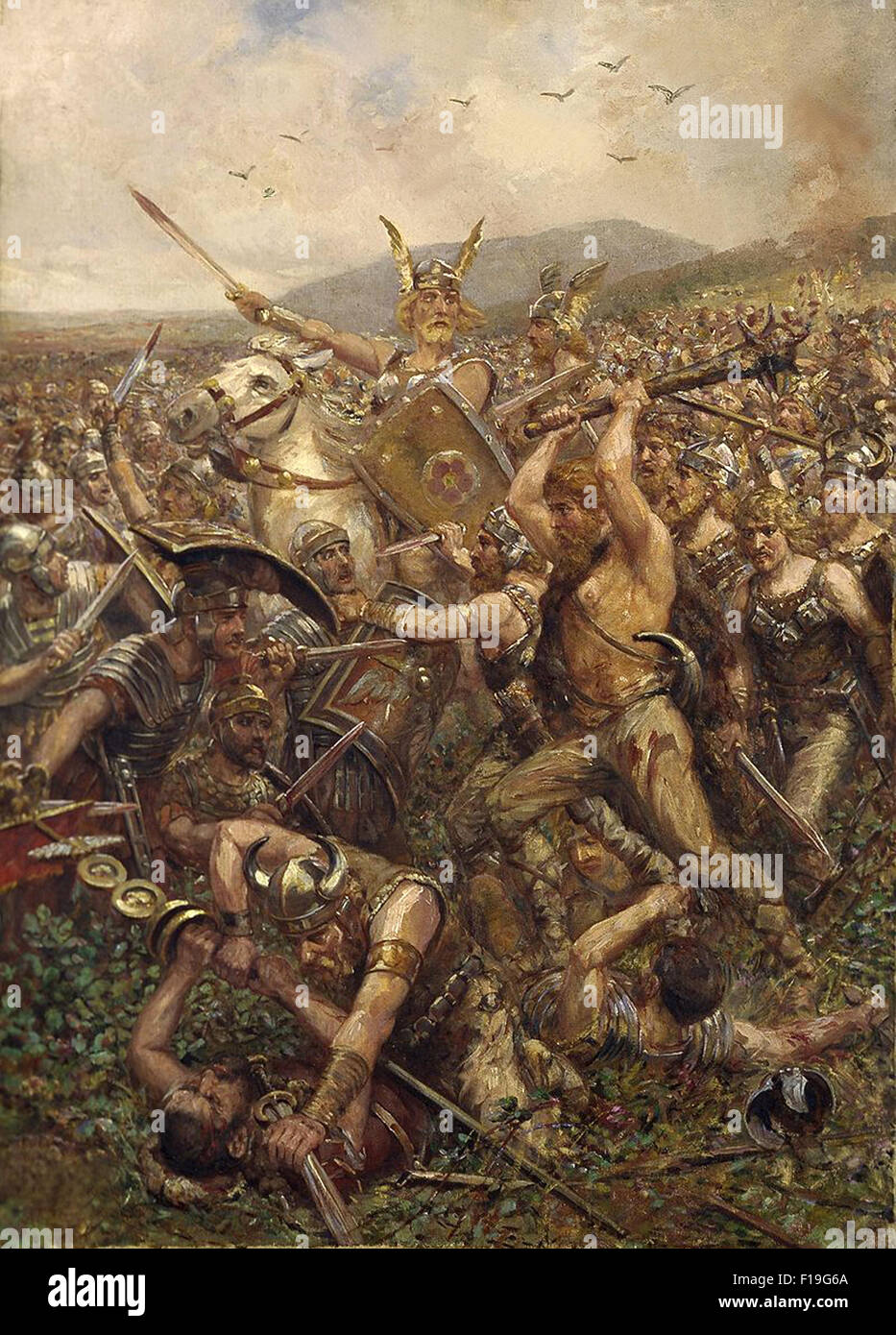 La pittura della battaglia della foresta di Teutoburgo dall'artista tedesco Otto Albert Koch: Varusschlacht, 1909. Foto Stock