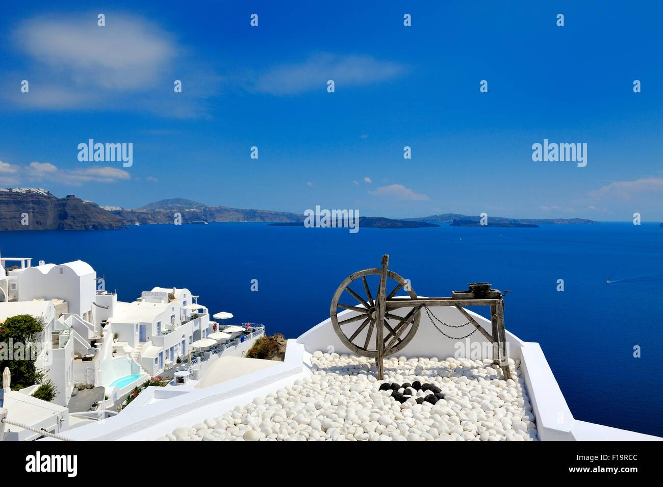 Una tradizionale ruota di filatura, Oia - Santorini, Grecia. Foto Stock