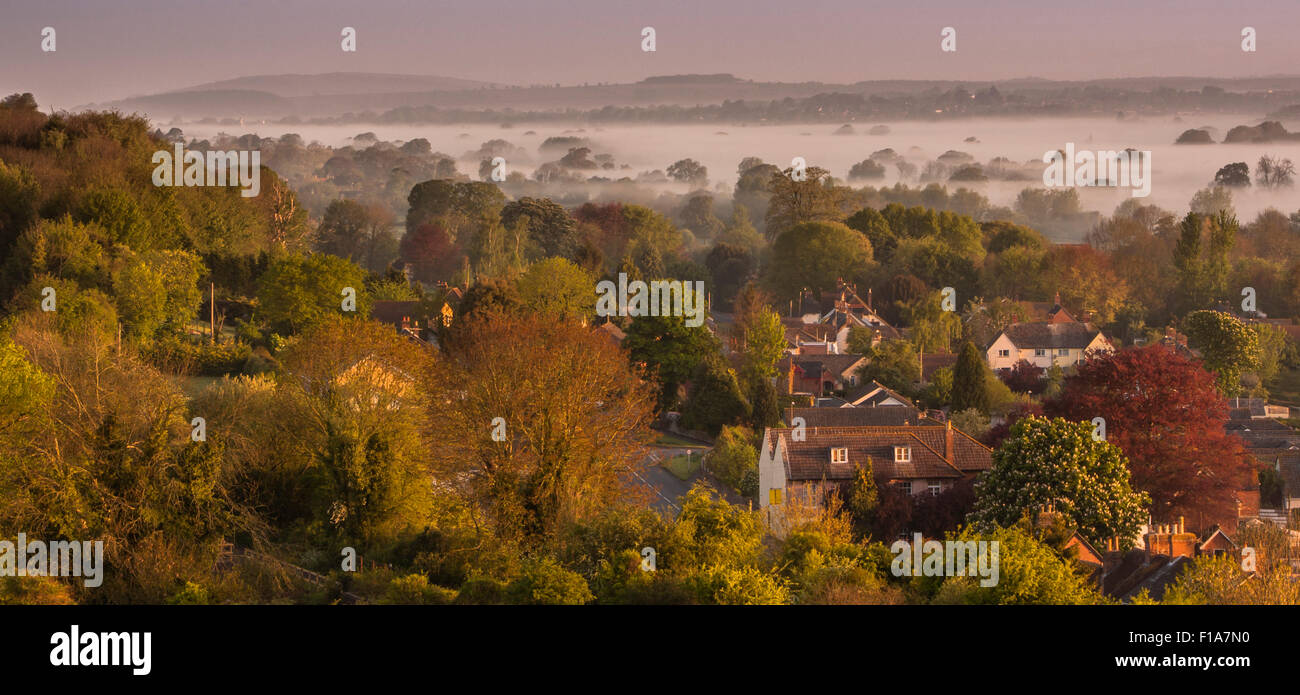Sunrise sulla campagna di Dorset con early morning mist sulle dolci colline Foto Stock