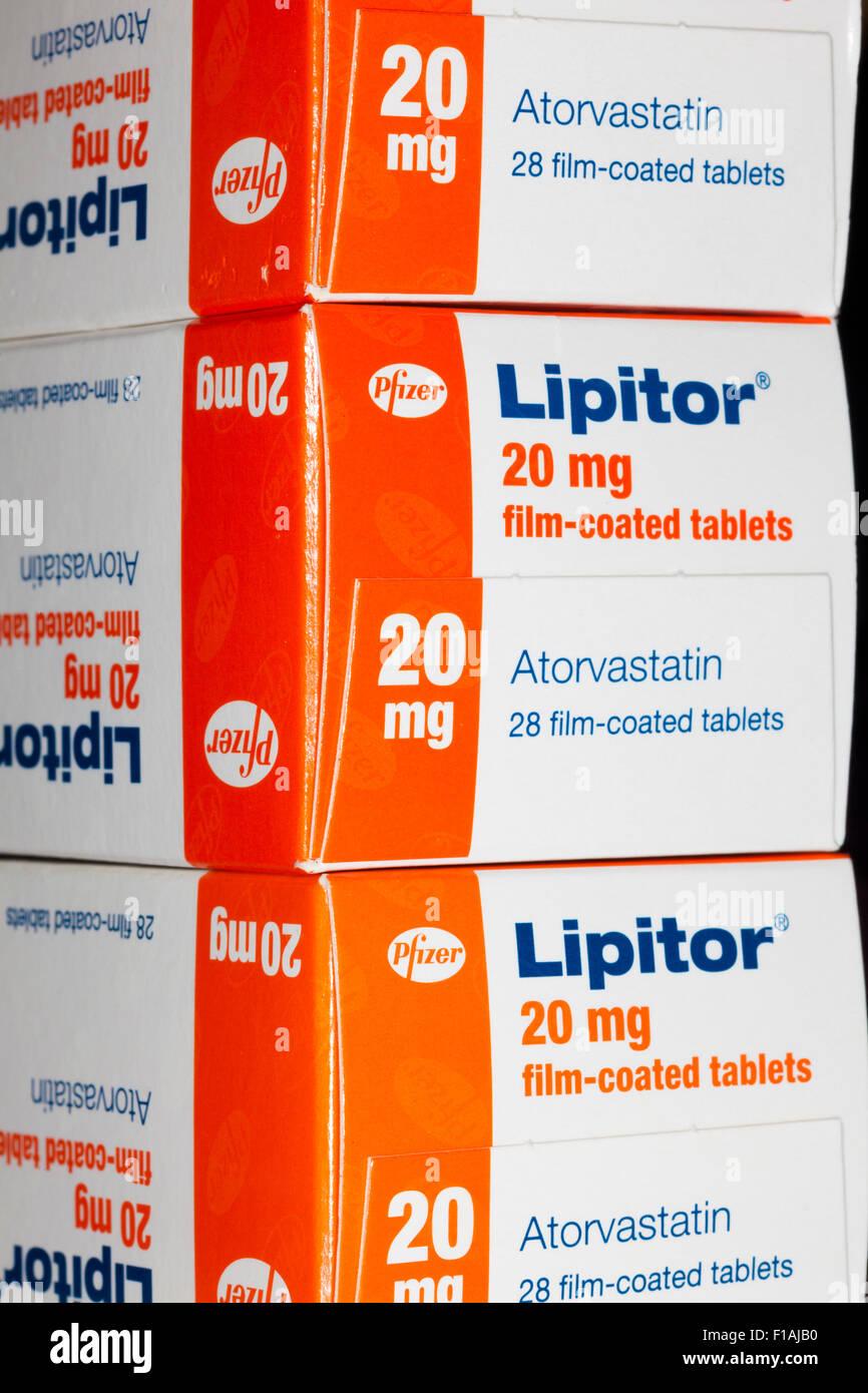 Scatola di Lipitor® Atorvastatin compresse. Utilizzato per ridurre i livelli di LDL o "cattivo" il colesterolo nel sangue. Foto Stock