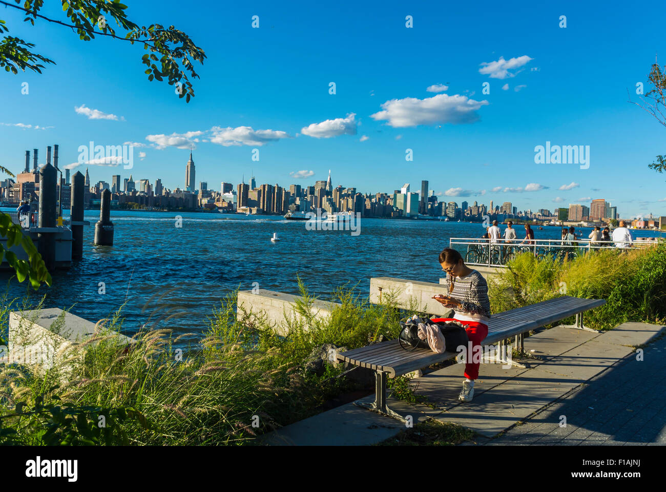 La città di New York, Stati Uniti d'America, Vista dello Skyline di Manhattan da, DUMBO quartiere, Distretto di Brooklyn, East River, Gentrification delle zone della città in noi Foto Stock