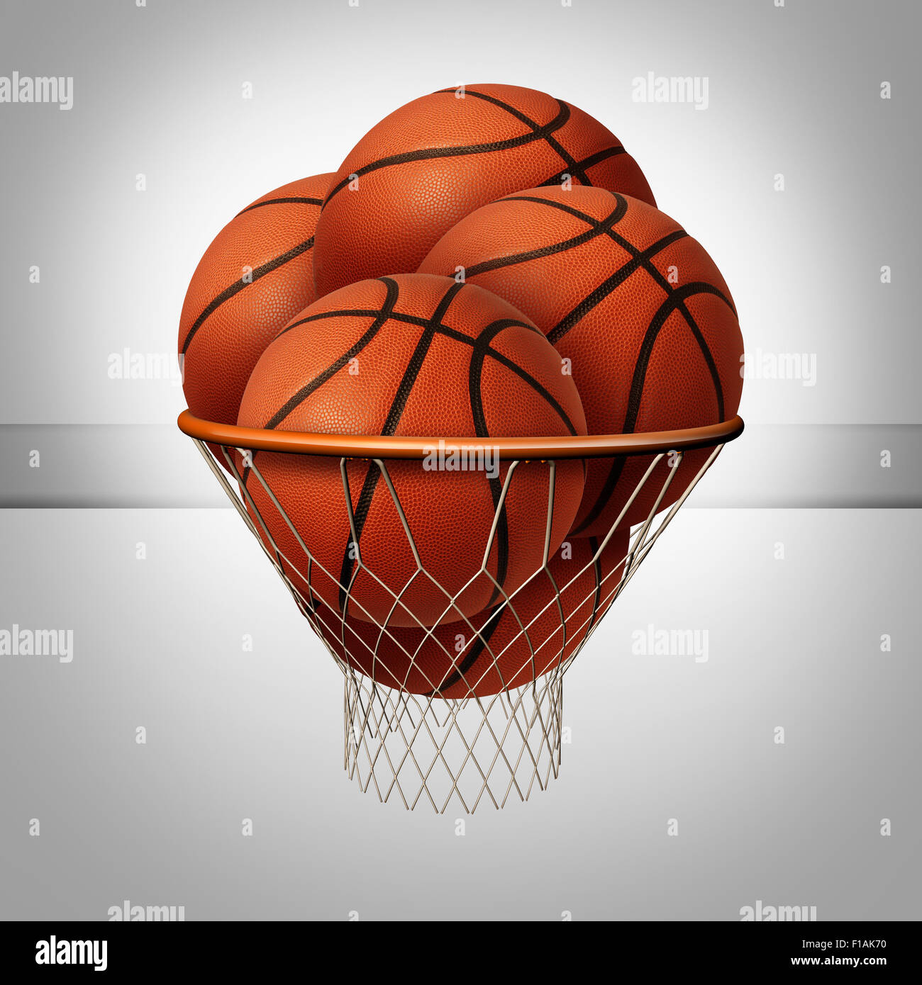 Concetto di prosperità e sopra il simbolo di successo come un gruppo di basketballs all'interno di un pallone da basket net come un icona per exessive il profitto come una metafora di business. Foto Stock