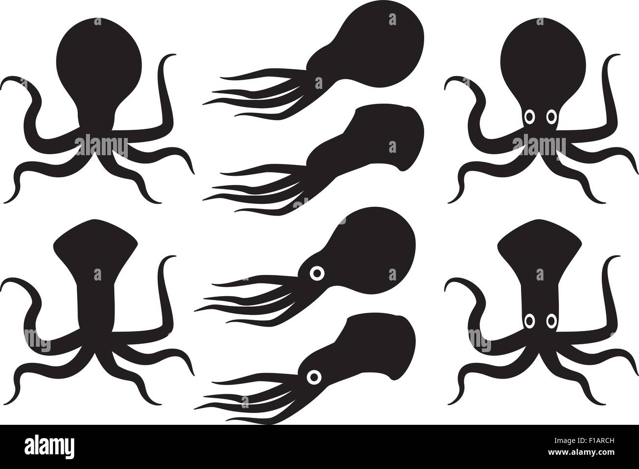 Silhouette di calamari e vettore kraken, isolato su bianco Illustrazione Vettoriale
