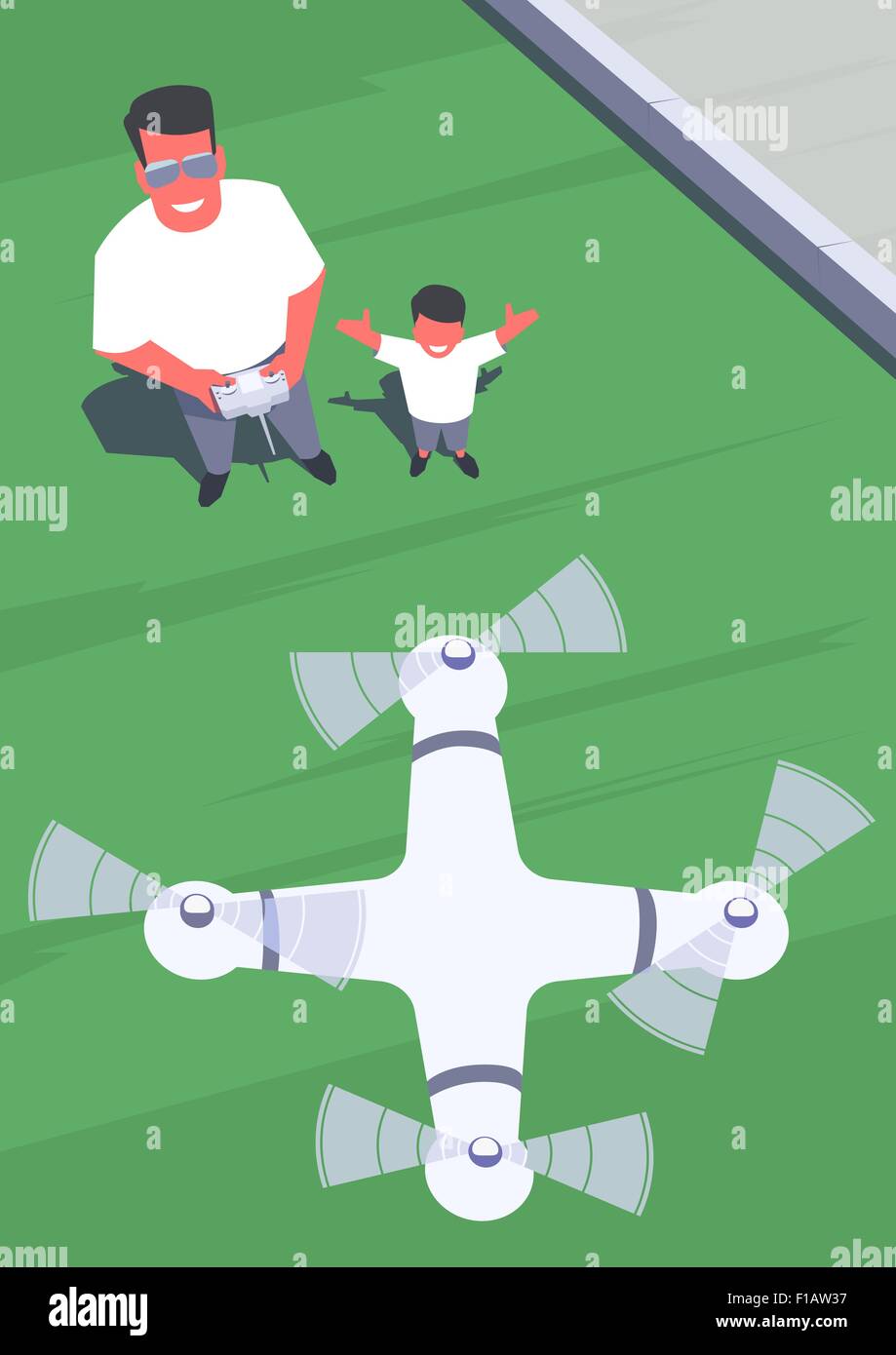 Padre e figlio in piedi sul prato e volare un quadcopter drone utilizzando il telecomando. Scena all'aperto. In stile retrò illustrazione. Illustrazione Vettoriale