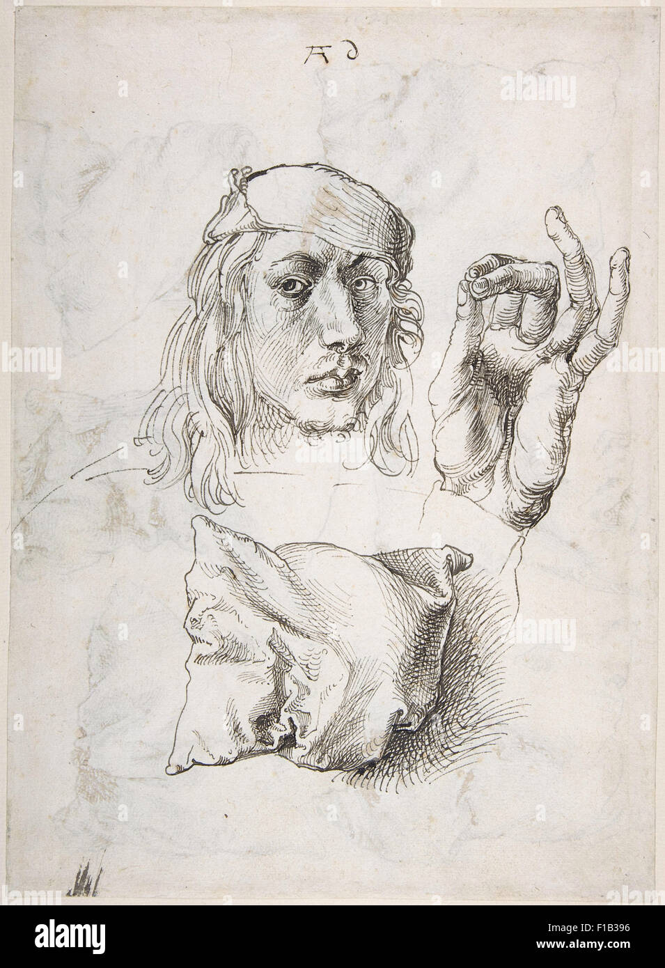 Albrecht Dürer - Studio foglio con ritratto di auto, la mano e cuscini Foto Stock