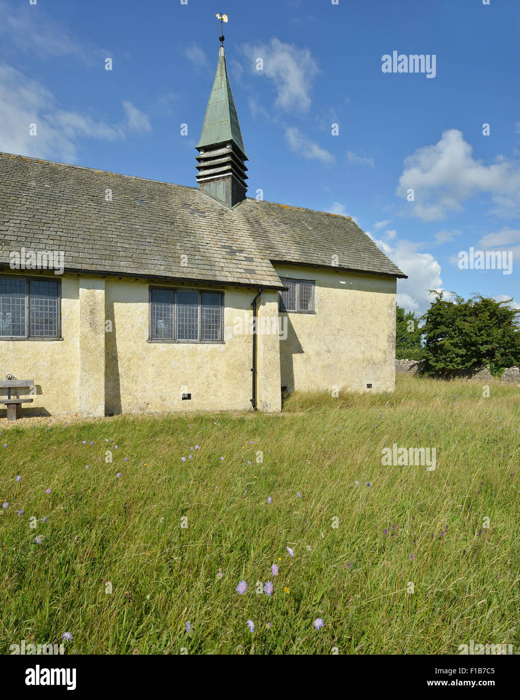 St Hugh's chiesa con fiori Scabious, Certosa, Mendip Hills, Somerset costruito nel 1908 dall'ex sala benessere per il Foto Stock