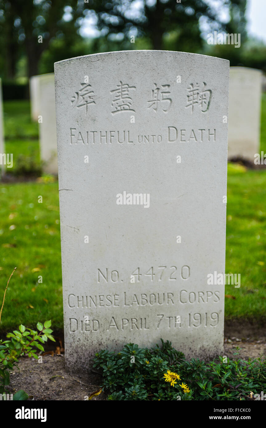 La manodopera cinese Corps soldato Grave Lilssenthoek Commonwealth War Graves Cimitero Militare, Poperinge Belgio Foto Stock