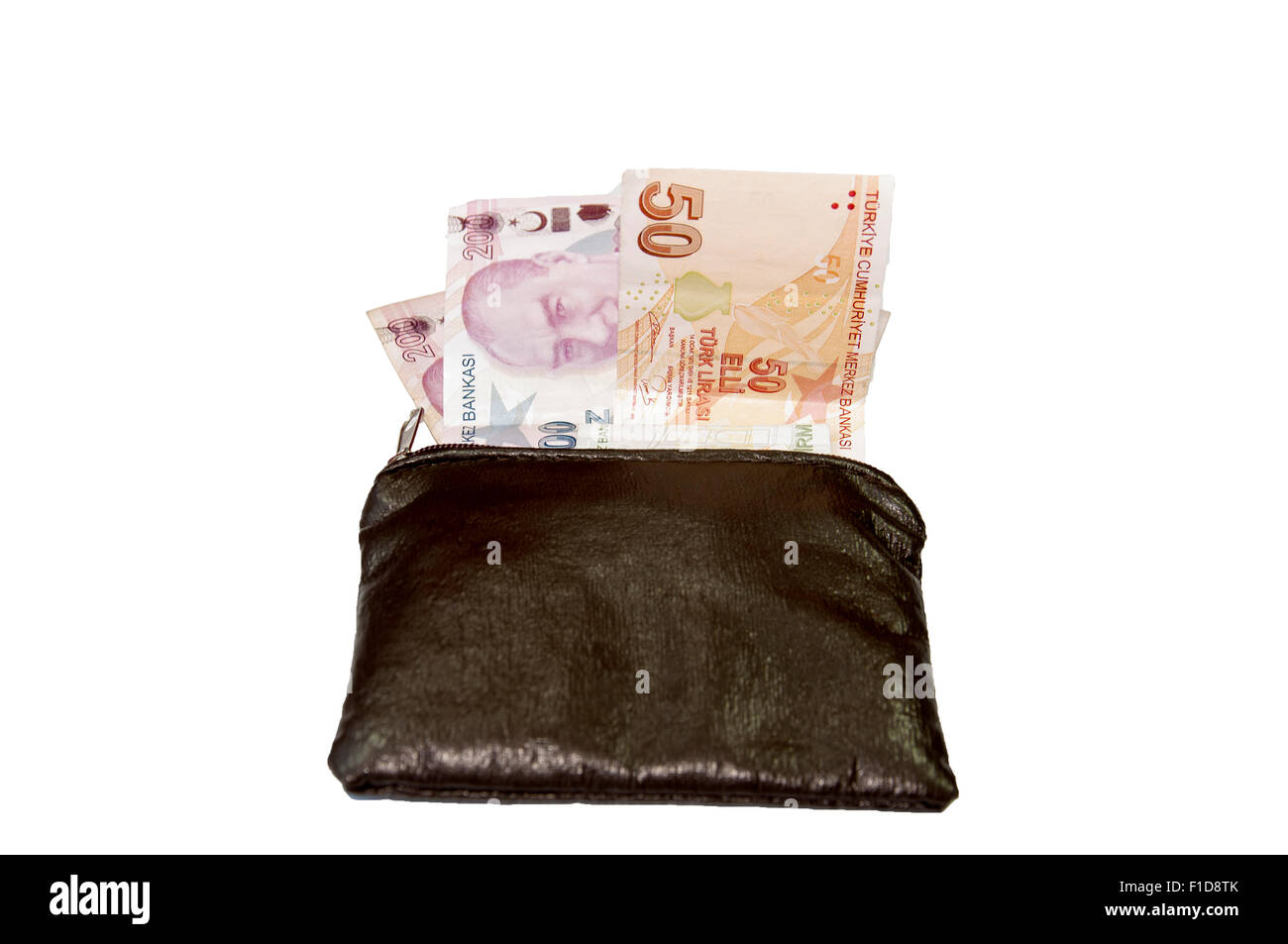 Portafoglio con la lira turca sullo sfondo bianco Foto Stock