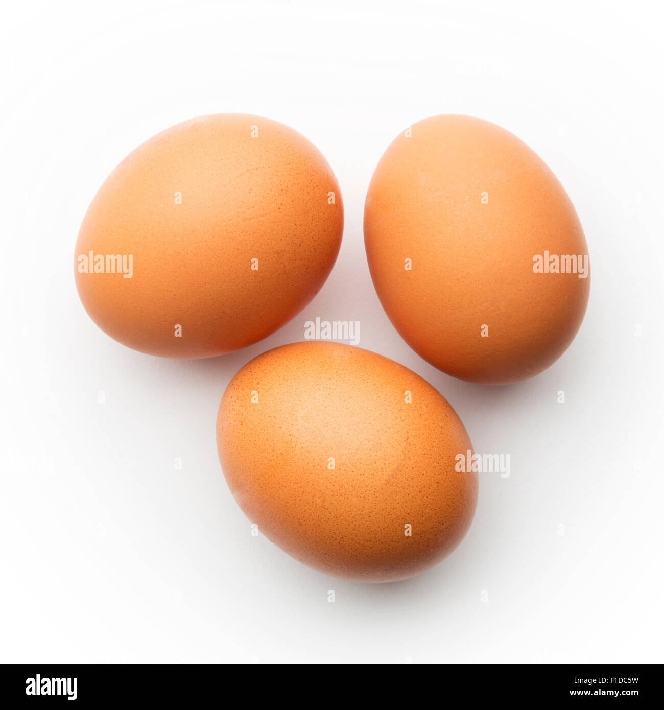Marrone tre uova di galline isolato su uno sfondo bianco. Foto Stock